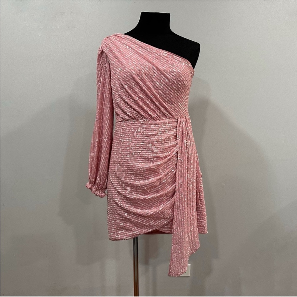 One-Shoulder Pink Sequin Mini Dress - Picture 2 of 8